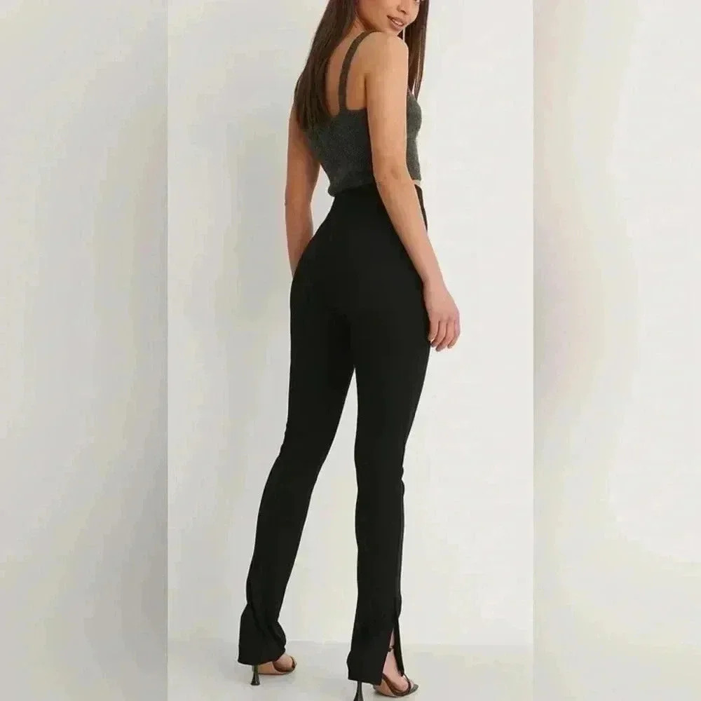 NA-KD brown elastic waist ribbed  slit detail viscose day 2 nite stretch pants S